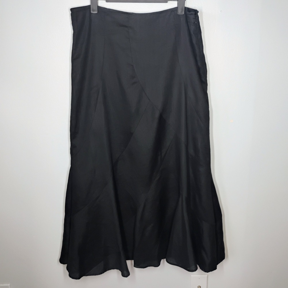 Saint Tropez West Midi Linen Skirt Women 12 Black Flare Hem Lagenlook Minimalist
